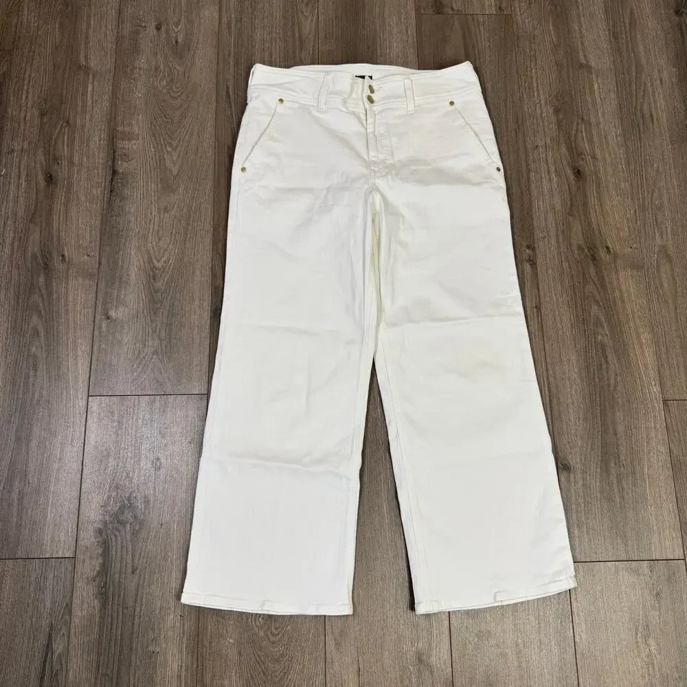 J.Crew Slim Wide-Leg Jeans WMNS 30 White Denim Stacked Buttons High Rise Stretch